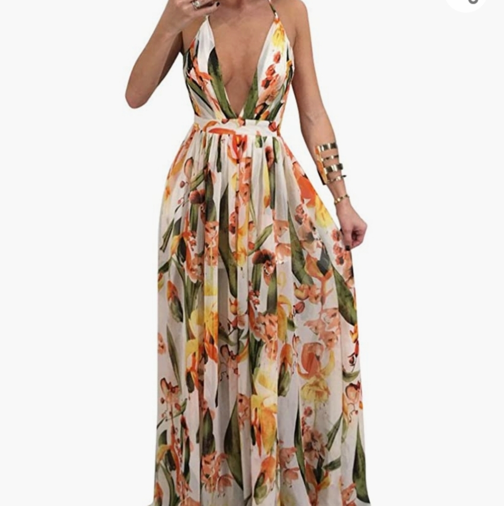 Womens Sexy Spaghetti Strap Deep V Neck Floral Boho Criss Cross Backless Chiffon
